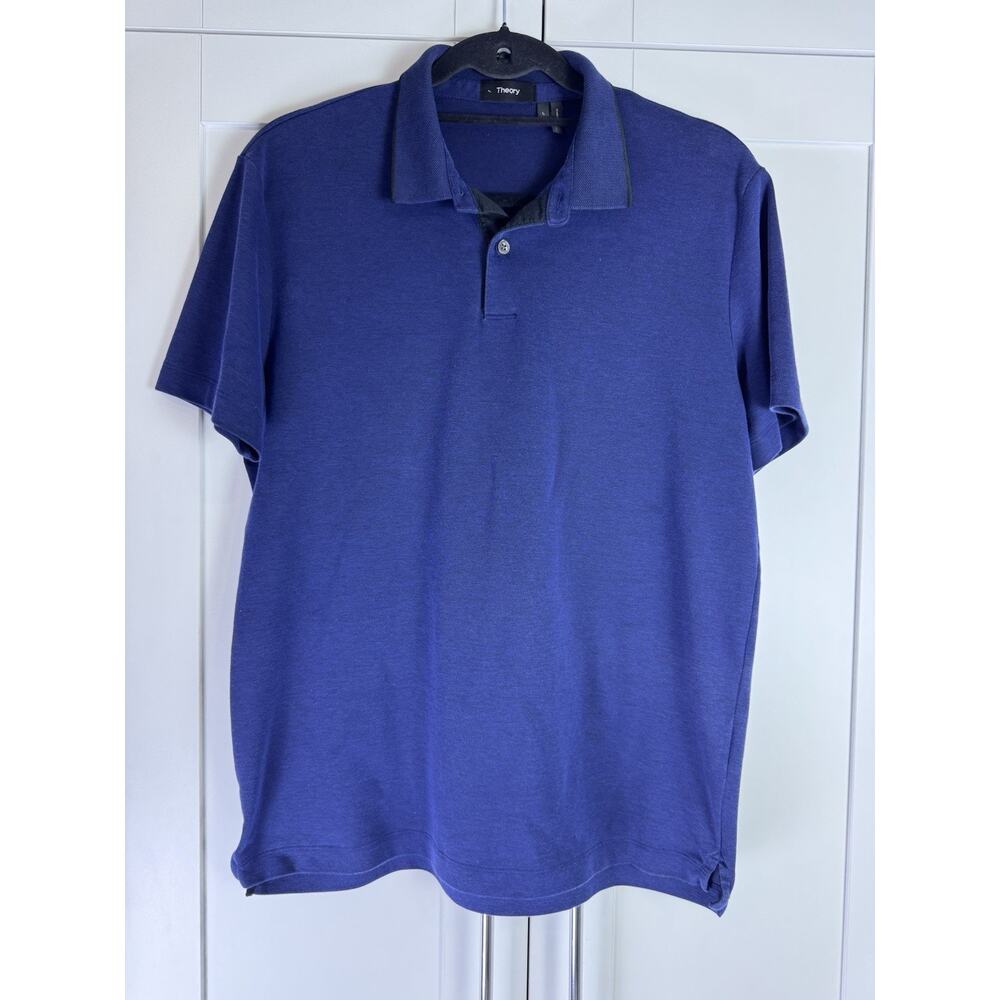 Theory Sandhurst Pique Polo Mens L Blue Luxury Minimalist Designer Short Sleeve